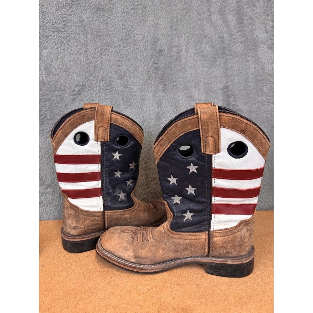 Kids American Flag Western Cowboy Boots Brown Leather Square Toe Stars Stripes - Picture 4 of 10